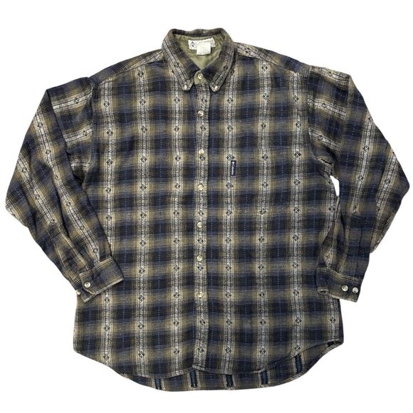 VTG Columbia Button Up Shirt Mens L Flannel Southwest Aztec All Over Print Plaid - Picture 1 of 8